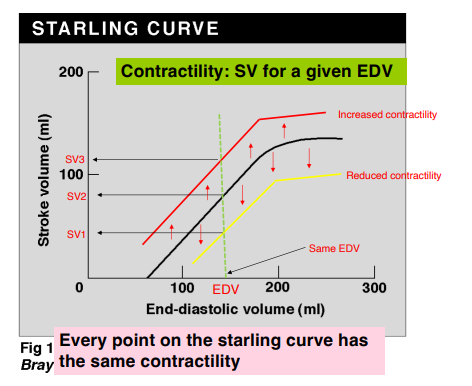 <p>SV’s relationship with EDV</p><p>Every point on the starling curve has the same contractility</p><p>(Starling's Law of the Heart states that the greater the stretch of the heart muscle (myocardium) during diastole, the greater the force of contraction during systole.)</p>