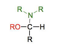 <p>If a hemiacetal is attacked not by a second alcohol but by an amine, what results is a kind of ‘mixed acetal’ in which the anomeric carbon is bonded to one oxygen and one nitrogen.</p>