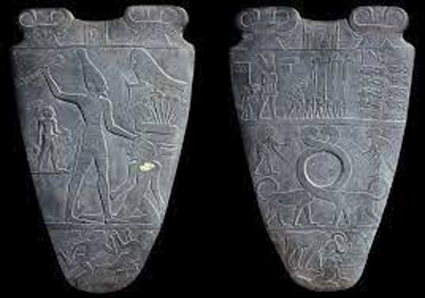 <p>Period: Early Dynastic Period</p><p>Medium: Carved stone palette (enlarged version of cosmetics mixing palette)</p><p>Significance: Shows some of the earliest known hieroglyphs</p><p>Imagery: King Narmer in different crowns, defeating enemies, arranged in registers</p><p>Artistic Conventions: Shows Egyptian artistic conventions (profile heads, frontal torsos)</p><p>Narmer Palette commemorates the unification of Egypt.</p>