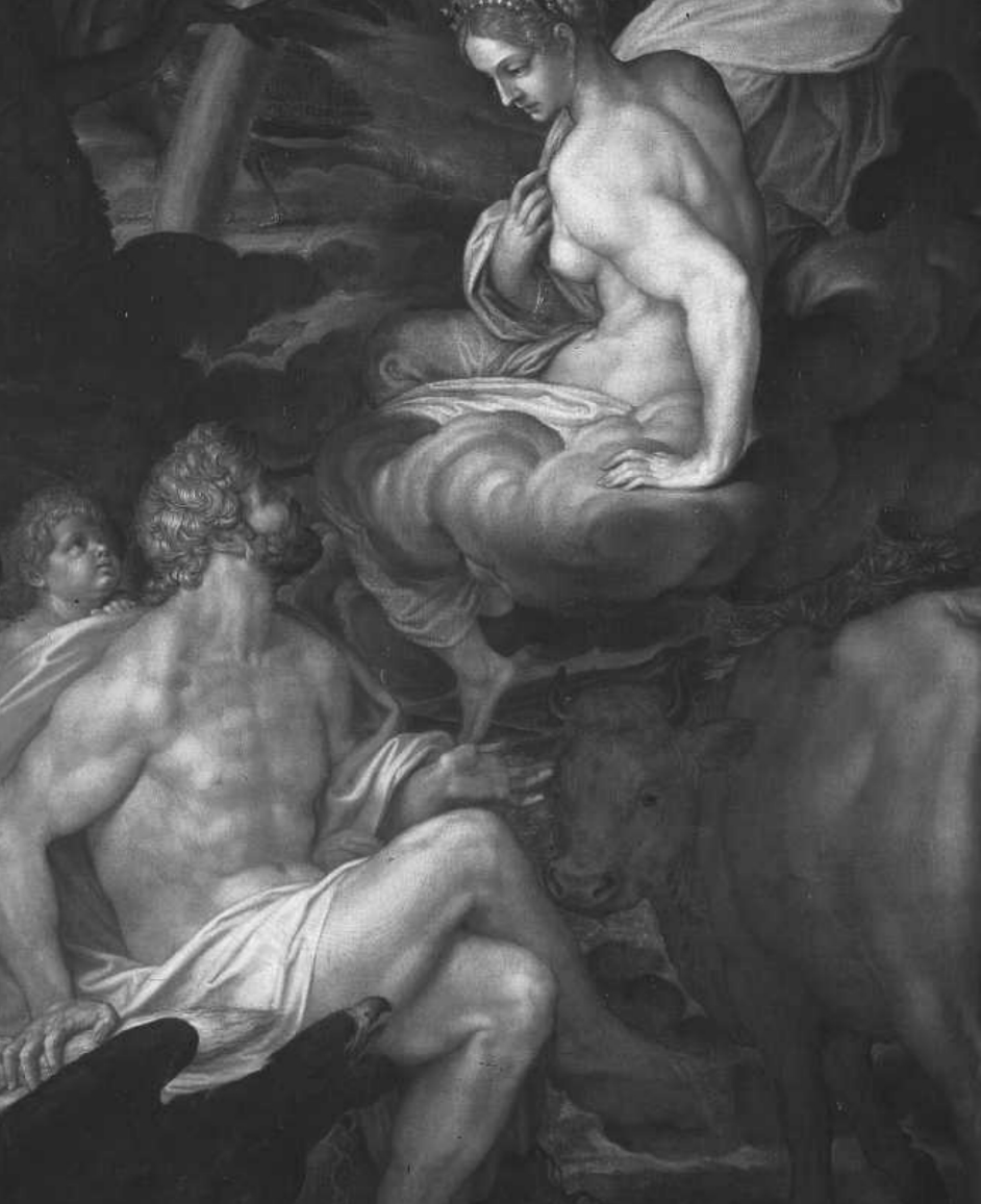 <p>Figure 10.1: Who is the male god with an eagle at his feet (and a cupid behind him) in the scene?</p>