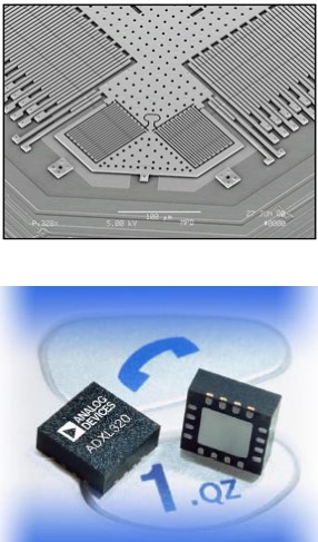 Features:
- 2-axis acceleration sensor
- ~ 5mm x 5mm chip 
- 2-100g operating ranges
- mili-g resolution
- mA power consumption
- 1000g Shock Survival
Applications:
- Inertial Navigation
- Portable Device Security
- Motion Detection
- Camera Image Stabilization
- Game controller feedback