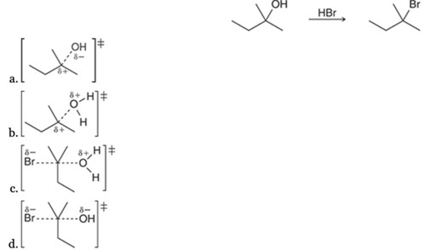<p>Which of the following best represents the transition state of the rate-determining step for the given reaction?</p>