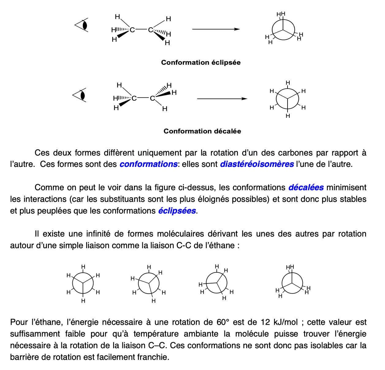 <ul><li><p>Conformation éclipsée</p></li><li><p>Conformation décalée: minimise les interactions car substituants sont les plus éloignés possible —&gt; + stables et + peuplées que l’éclipsée</p></li></ul>