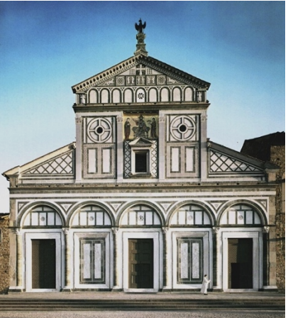 <ul><li><p>Example of early Romanesque architecture in Tuscany.</p></li><li><p>Dedicated to St. Minias, an early Christian martyr of Florence.</p></li><li><p>Features a basilica plan with a raised choir and crypt.</p></li><li><p>Facade decorated with green and white marble geometric patterns.</p></li><li><p>Combines classical harmony with medieval symbolism.</p></li><li><p>Located on a hill overlooking Florence, symbolizing spiritual elevation.</p></li></ul><p></p>