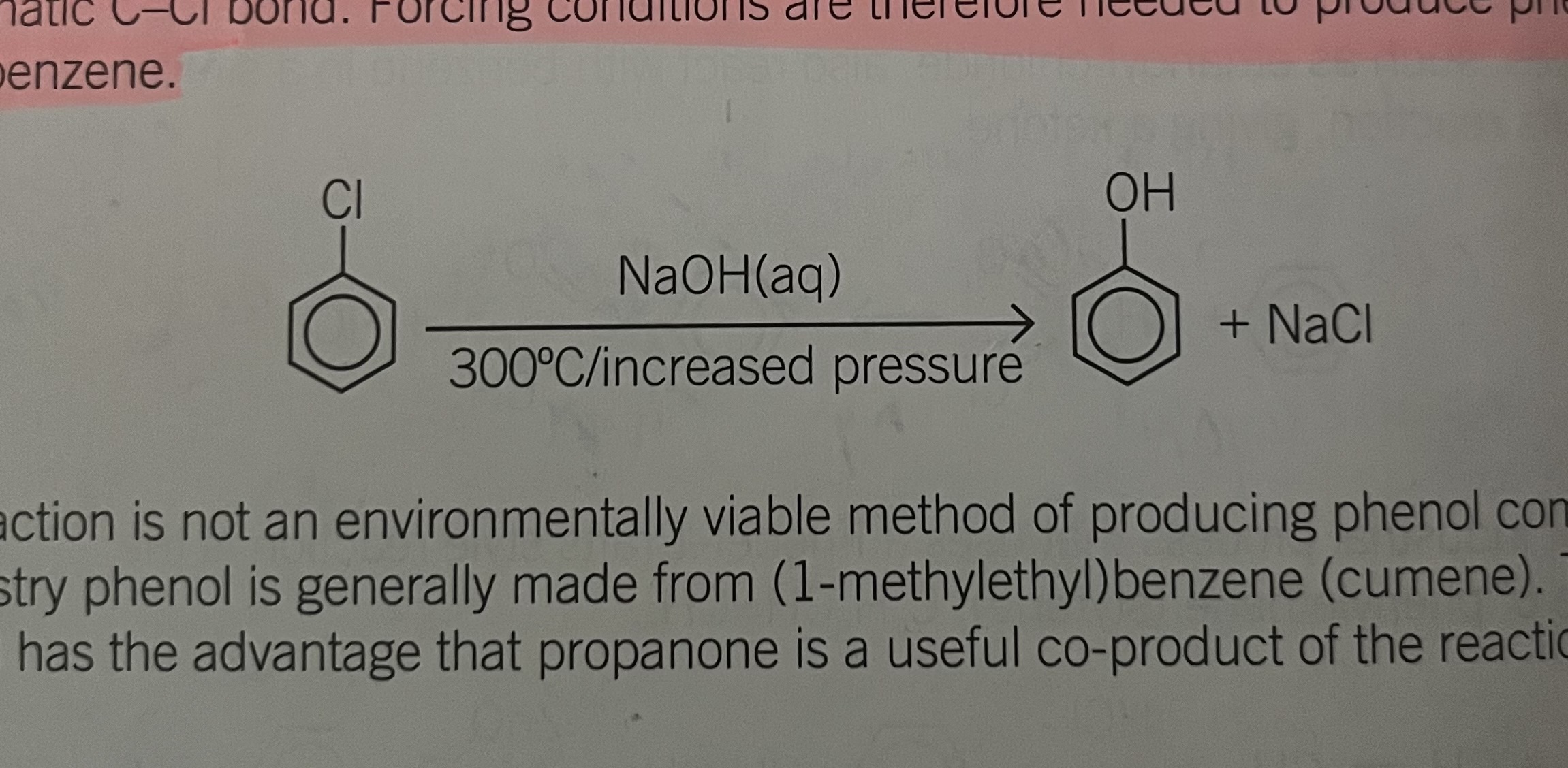 <p>this reaction is not an environmentally viable method of producing phenol commercially. In industry phenol Talk is generally made from 1-methyl ethylbenzene This method has the advantage of Propanone is a useful co product of the reaction.</p>