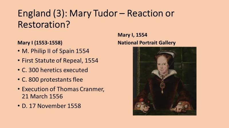 <p>Northumberland’s failed attempt to keep Protestantism → lady Jane Grey</p><ul><li><p>Mary’s appeal to legitimacy (she was Henry’s daughter) → v/pop.</p></li></ul><p>Determined to turn the clock back on Edward VI’s Reformation</p><ul><li><p>Married Philip which was deeply unpop. - even amongst Catholics like Bishop Steven Gardner - people otherwise very predisposed to support Mary &amp; her Catholic restoration w/fears England becoming a mere Habsburg or Spanish province</p></li><li><p>1st Statue of Repeal pop. - worship will be as it was when Henry VIII died (turned clock back to 1547) → this (trad. elemenents Cath. worship) was v/pop. in parished England (Ronald Hutton used church warden accounts to investigate what parochial responses were to that statute that repealed: they loved it)</p></li><li><p>if she had lived longer/had child, Cath. restoration may well have taken root in England &amp; Reformation could have been reversed - consensus is that GB would have been Catholic.</p></li><li><p>but because she died childless so early after only 5 yrs, Protestants wrote her reign → emphas. brutality her reign, the 300 burnings heresy &amp; exile ab. 800 Protestants to the continent → rep. <em>Bloody Mary</em> (bloodthirsty individual)</p><ul><li><p>her childlessness &amp; untimely death gave Protestants their martyr story: can turn these executions into heroic defenders truth &amp; true faith</p></li></ul></li></ul><p></p>
