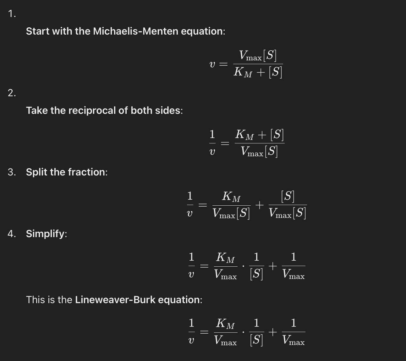 <p>The Lineweaver-Burk plot linearizes Michaelis- Menten kinetics data. This modification allows us to find Vmax and KM more accurately!</p><p>y = mx+b —&gt; linear relationship</p>