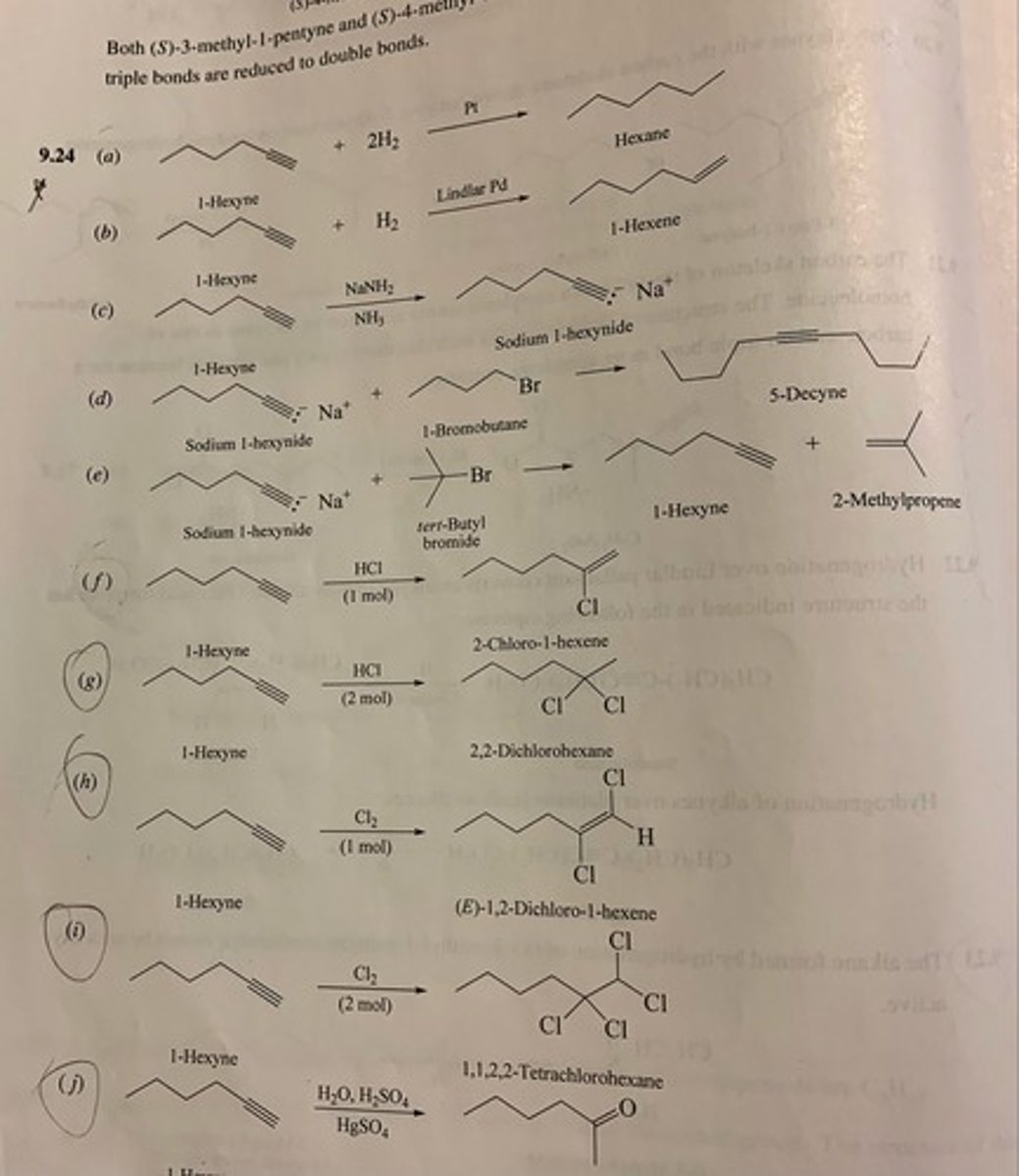<p>(a) Hexane</p><p>(b) 1-hexene</p><p>(c) sodium 1-hexynide</p><p>(d) 5-decyne</p><p>(e) 1-hexyne + 2-methylpropene</p><p>(f) 2-chloro-1-hexene</p><p>(g) 2,2-dichlorohexane</p><p>(h) (E)-1,2-Dichloro-1-hexene</p><p>(i) 1,1,2,2-tetrachlorohexane</p><p>(j) 2-hexanone</p>