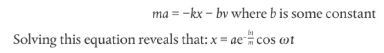 <p>if we now add fluid around ball it will experience viscous force opposing its motion. Taking away energy</p><p>this force is proportional to the velocity of the ball so</p><p>equation</p><p>amplitude changes exponentially with time</p><p>b = constant of proportionality relating the drag force to velocity</p>