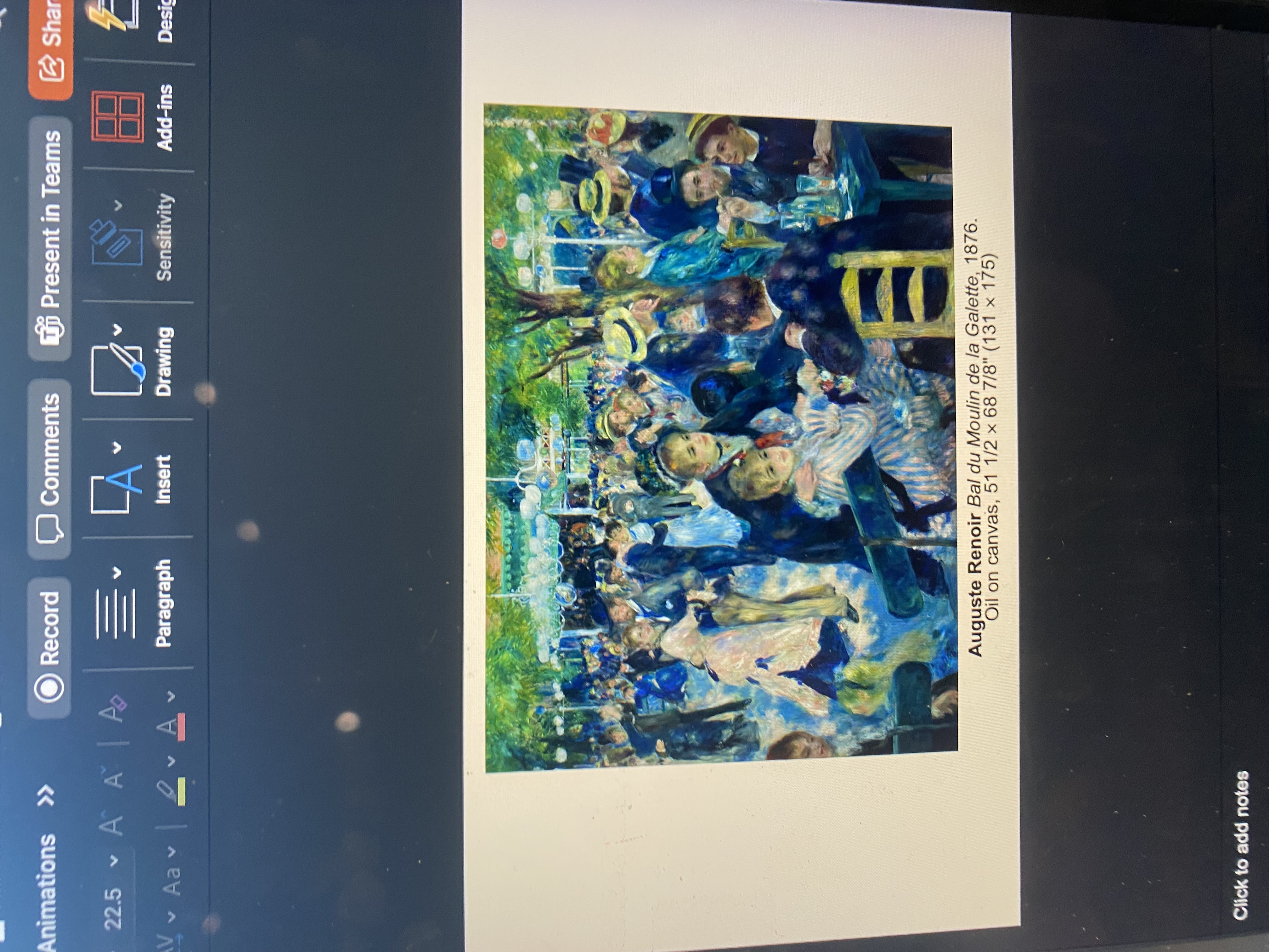 <p><span><strong>Auguste Renoir</strong> <em>Bal du Moulin de la Galette</em>, 1876.<br>Oil on canvas, 51 1/2 × 68 7/8" (131 × 175)</span></p>