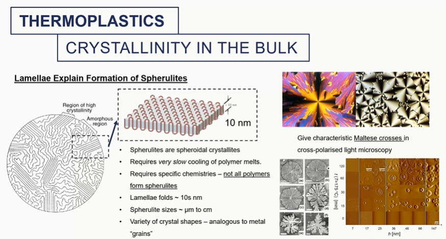 <ul><li><p><span>different amounts of crystallinity will impart different mechanical properties into these materials</span></p></li><li><p><span>It will change the melting temperature. It will change the density overall of the system and the modulus of that material </span></p></li></ul><p></p>