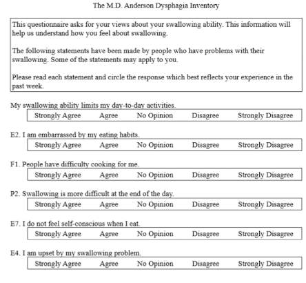 <ul><li><p>MD Anderson Dysphagia Inventory</p></li><li><p>Widely reported in the cancer literature</p></li><li><p>Specific to swallow function </p><ul><li><p>Emotional, functional, physical subscales</p></li><li><p>Global score</p></li></ul></li></ul><p></p>