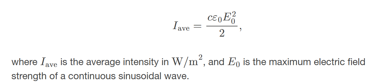 <p>is the power per unit area carried by the wave, proportional to the square of the electric field amplitude. </p>