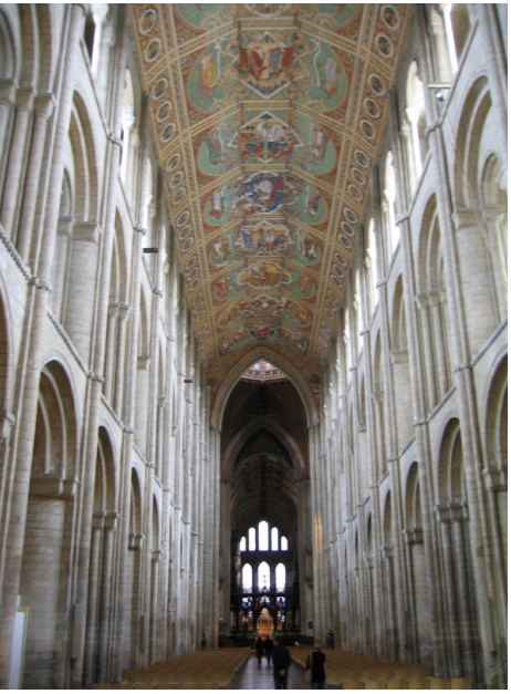 <ul><li><p>england</p></li><li><p>built on lieu of church dystroyed by les danois en 870</p></li><li><p>rebuilt 1083, consacrée cathedrale 1109</p></li><li><p>1332 → tour centrale s’effondre → replaced with octogone gothique </p></li><li><p>next to choeur = chappelle de la vierge </p></li><li><p>interior (la voute) repainted a l’époque victorienne </p></li><li><p>cathédrale tres lumineuse</p></li><li><p>exterior deco by du structurelle </p></li></ul><p></p>