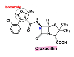 <ul><li><p><strong>acid-stable</strong></p></li><li><p><u>pharmacophore</u>: <strong>isoxazole</strong></p></li><li><p><strong>oral </strong></p><ul><li><p>food interferes with absorption</p></li></ul></li><li><p>greater degree of stability towards lactamases</p><ul><li><p>from the additional functional groups</p></li></ul></li><li><p>greater hepatic & biliary metabolism/excretion compared to penicillin</p></li></ul>