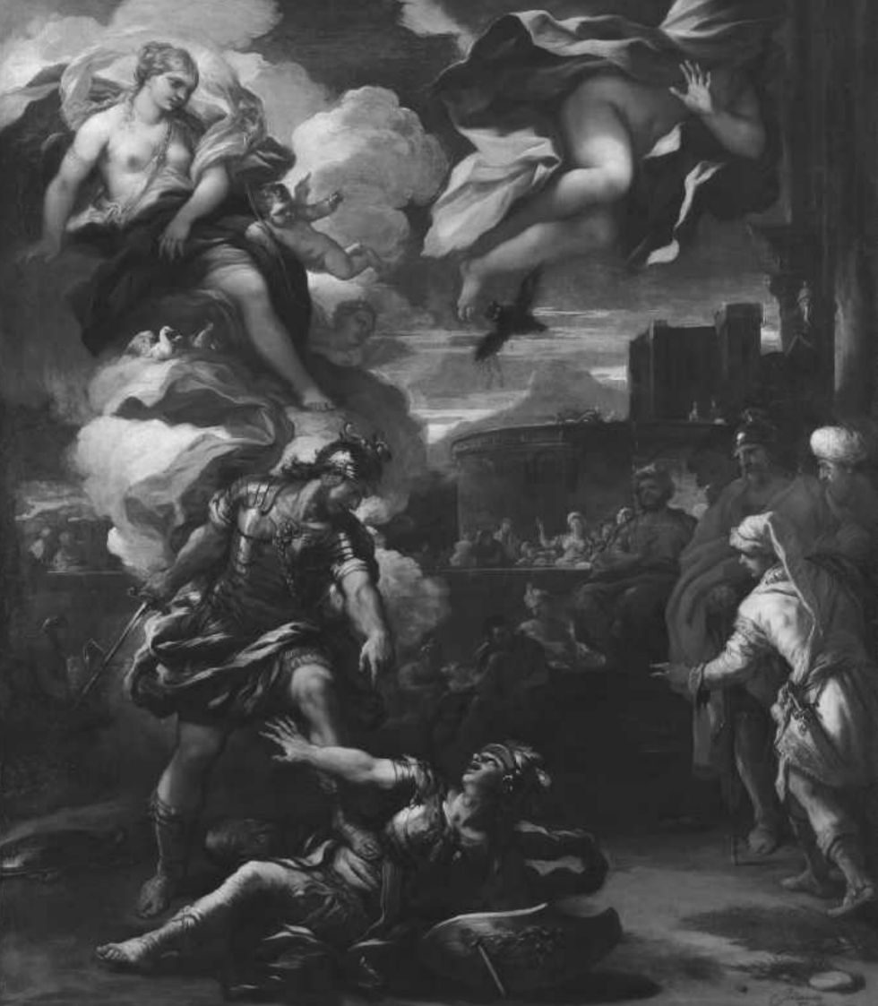 <p>Figure 12.5: Who is the standing warrior with sword over the fallen enemy, pointing to a sash?</p>