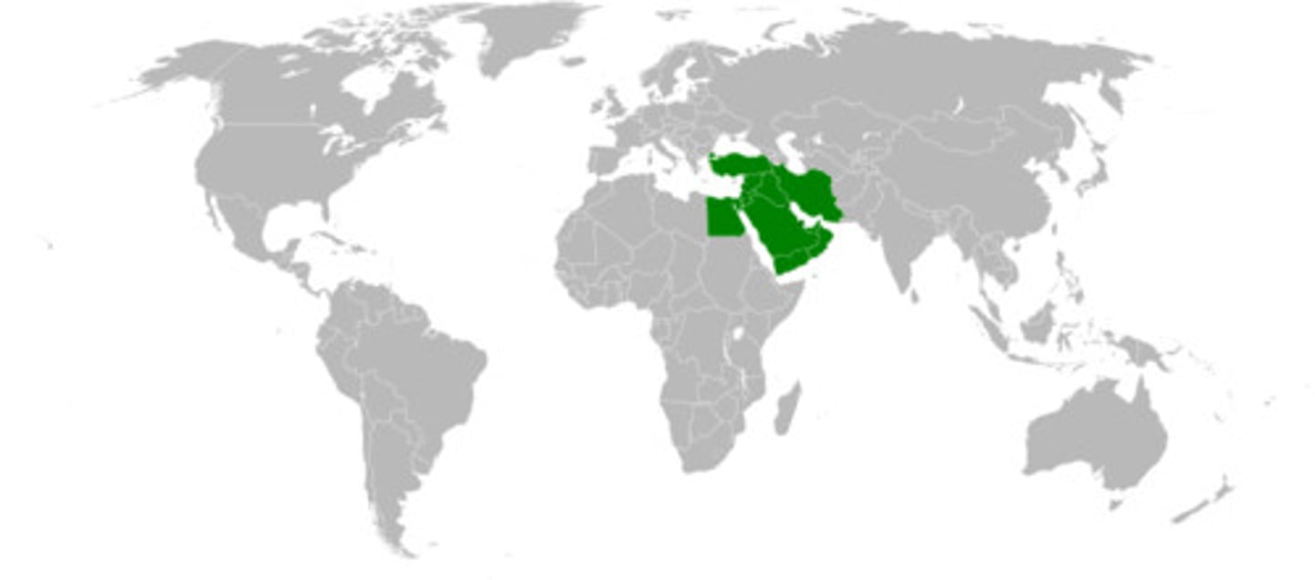 <p>previously known as "the Middle East", it includes Iran, Iraq, the Eastern Mediterranean (Turkey, Syria, Lebanon, Israel) and the Arabian Peninsula</p>