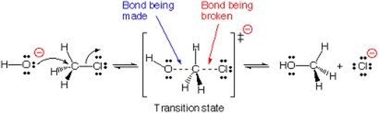 <p>-1 step (concerted)</p><p>-Reaction rate is dependent on concentration of R-X and Nuc</p><p>-Prefers methyl, primary, or secondary carbons</p><p>-Strong nuc/strong base (OH-) or strong nuc/weak base (I-, CH3CO2-) required for methyl, primary, and secondary</p>