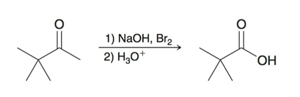 <ul><li><p>Under basic conditions, methyl ketones are converted into carboxylic acids using excess halogen and hydroxide.</p></li><li><p>Br<sub>2</sub>, Cl<sub>2</sub>, and I<sub>2</sub> can be used.</p></li><li><p>Works best when the other alpha carbon has no alpha protons.</p></li></ul><p></p>