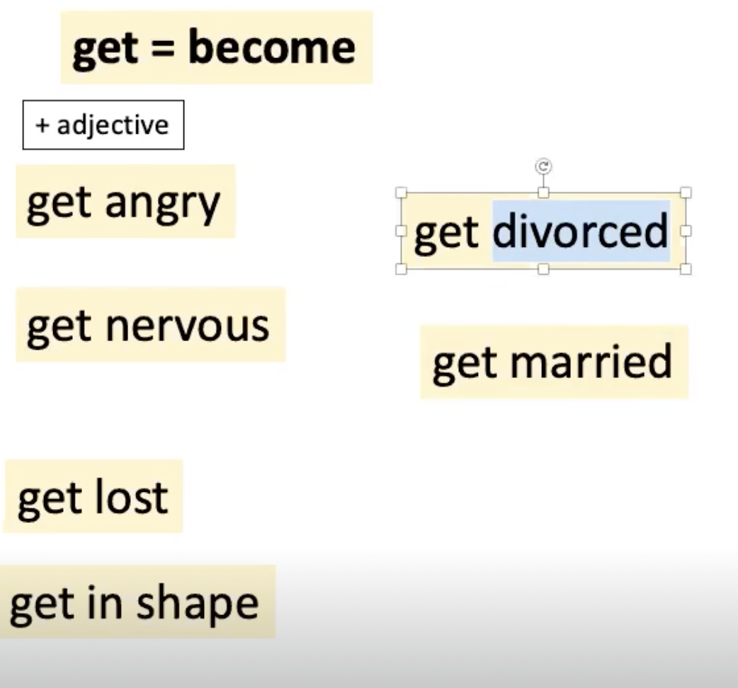 <p><strong><u><mark data-color="#c5c2f2" style="background-color: rgb(197, 194, 242); color: inherit;">CLARIFICATION</mark></u></strong></p><p>.</p><p><strong>When ‘get’ = Become</strong></p><p><strong>.</strong></p><p>What about these? To get married, to get divorced.</p><p>Are these feelings? States? Actions?</p><p>Ss: Actions. A <strong>verb</strong>.</p><p>.</p><p>Right. We can use ‘get’ with a verb. <strong>What form is the verb in</strong>?</p><p>The present or the third form? Ss: The third form. Good.</p>