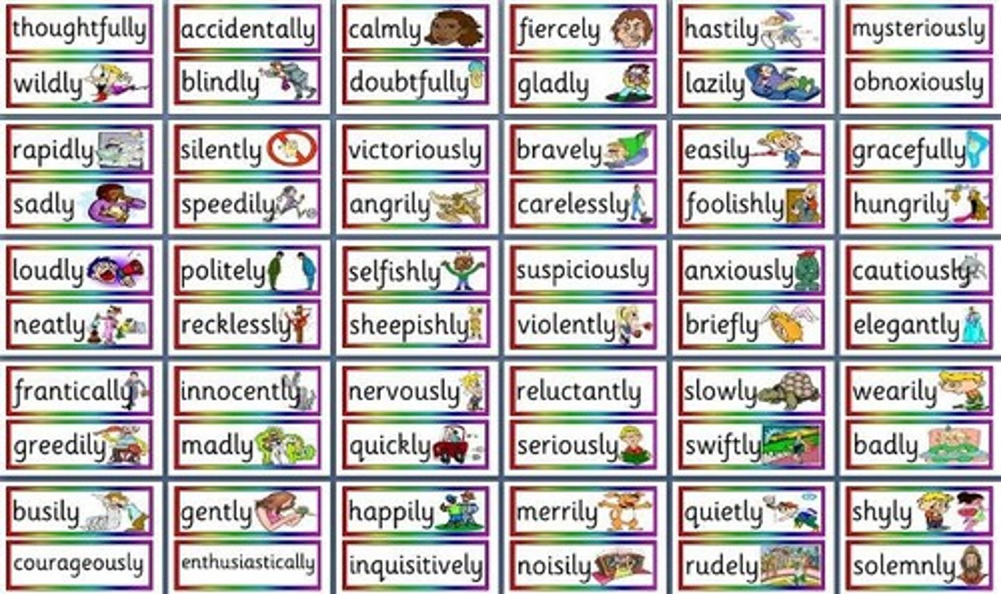 <p>Modify verbs and adjectives.</p><p>Examples: run quickly, deeply embarrassed, Quite nicely, rather handsome., and just barely.</p>