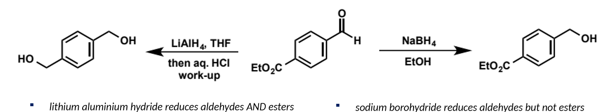 <p>lithium aluminium hydride reduces many more functional groups than sodium borohydride so the reaction outcomes are different</p>
