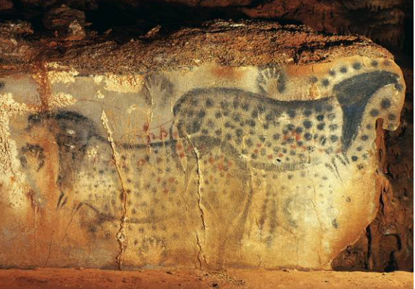 <p>Prehistoric Pech-Merle Cave, Dordogne, France. Horses ca. 16,000 bce; hands ca. 15,000 bce. Limestone,</p>