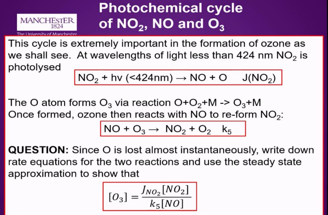 <ul><li><p>Sunlight photolyses NO₂ into NO + O.</p></li></ul><ul><li><p>The O atom quickly forms O₃. instantaneously</p></li><li><p>NO rapidly destroys O₃, regenerating NO₂.</p></li></ul><p></p>