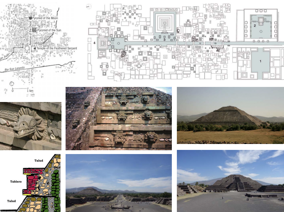 <p><strong>Loc</strong>. : Teotihuacán, Mexico</p><p><strong>Date</strong>: 100 CE</p><p><strong>Cultural origin</strong>: <span style="background-color: transparent;"><span>Ancient Mexico</span></span></p><p><span style="background-color: transparent;"><strong><span>Structure:</span></strong></span></p><ul><li><p>used Talud-tablero</p></li><li><p><span>abundant local volcanic resources, supplemented by long-distance trade for specialized materials.</span></p></li></ul><p><strong>Significance:</strong></p><ul><li><p><span style="background-color: transparent;"><span>Biggest city at the time and until the modern era</span></span></p></li><li><p><span style="background-color: transparent;"><span>200k habitants </span></span></p></li><li><p><span style="background-color: transparent;"><span>Emperor controlled immediate territory and neighbors </span></span></p></li><li><p><span style="background-color: transparent;"><span>Eventually surpassed by the aztecs </span></span></p></li><li><p><span style="background-color: transparent;"><span>Debate about its nature, central axis etc.</span></span></p></li><li><p><span style="background-color: transparent;"><span>Name given by its successors.</span></span></p></li><li><p><strong><span>(1) market; (2) Temple of the </span>Feathered <span>Serpent</span></strong></p><p class="p2"><strong>compound; <span>(3) Pyramid of the Sun; (4) Pyramid of the Moon (after Rene Millon).</span></strong></p></li></ul><p></p>