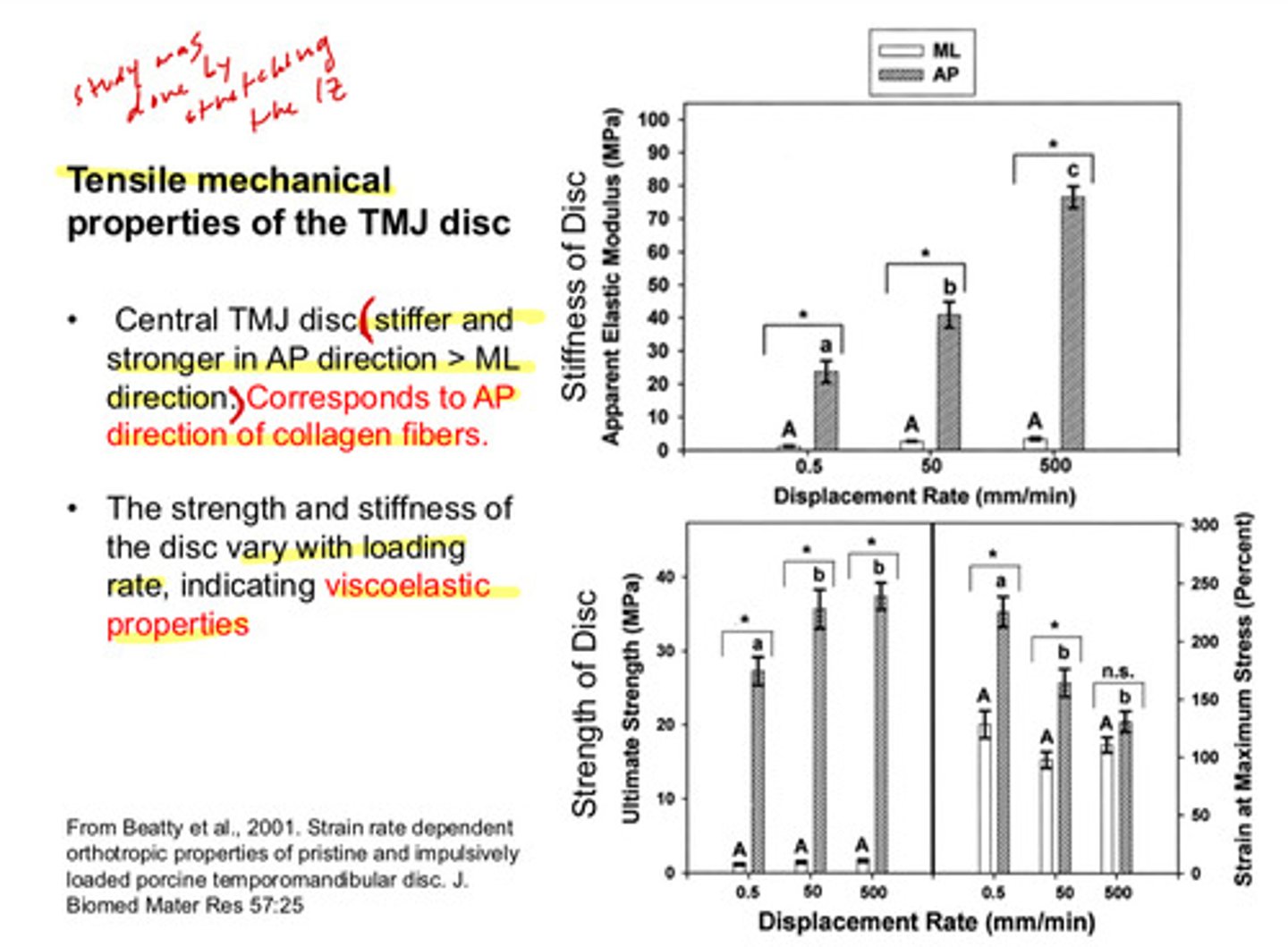<p>AP is much stiffer than ML, and increases in stiffness as displacement rate increases</p>