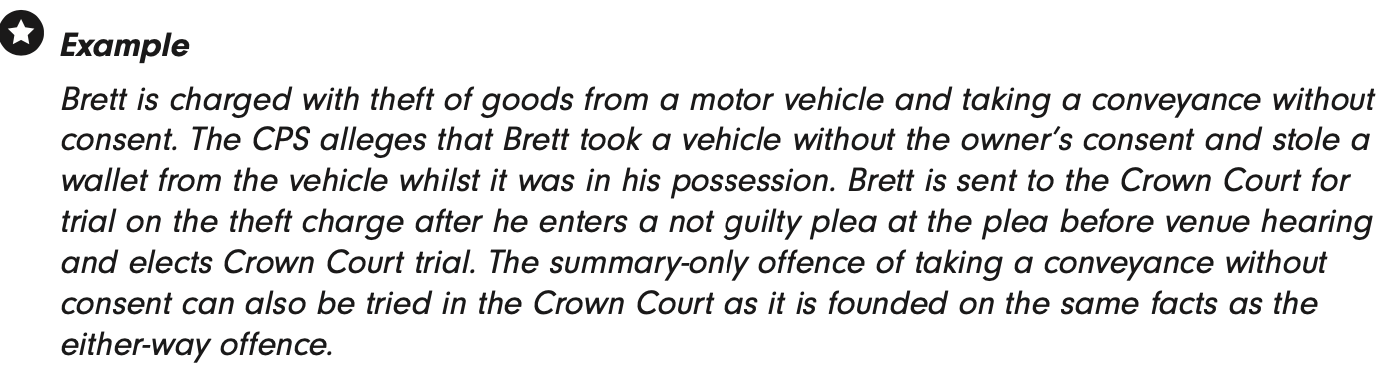 <p>Charged with either-way offence; may also be charged with summary-only offence too. </p><p>Can send to CC <em>if</em> summary-only offence founded on same facts as either-way offence <strong><u>or</u></strong> part series of offences. </p><p><strong>Qualifying</strong> <strong>Offences</strong>: common assault, taking a conveyance without consent, driving whilst disqualified, criminal damage. </p>