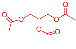 <p>glyceryl triacetate colorless oil with bitter taste</p><p></p><p>has fungicidal effect due to enzymatic hydrolysis by skin eserase to acetic acid;</p>