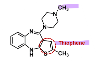 <ul><li><p>pharmacophore: dibenzodiazepine </p></li><li><p>similar structure to clozapine → 1 benzene change to<strong> thiophene</strong></p><ul><li><p>risk of oxidation of central ring lower → reduced risk of agranulocytosis&nbsp;</p></li><li><p>enhanced bioavailability and half-life&nbsp;</p></li></ul></li></ul><p></p>