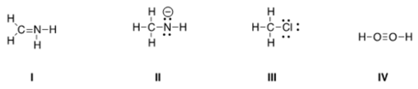 <p>Which of the following Lewis structures is correct?</p><p>A) I, II</p><p>B) I, III</p><p>C) II, III</p><p>D) III, IV</p>