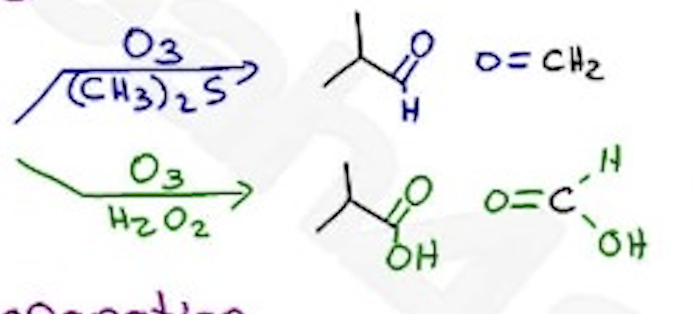 <p>O3 / (CH3)2S —→ primary carbon aldehyde </p><p>O3 / h2o2 —→ primary carbon carboxylic acid</p>