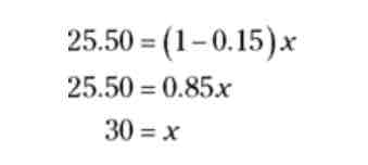 <ul><li><p>take the price after the sale</p></li><li><p>take the whole price (1) and - minus by the percent ( ex. (1 - .15) )</p><p>times it all by x (the unknown)</p></li><li><p>Solve</p></li></ul>