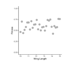 <p><span>After tracking a population of birds for several years, you plot the relationship between wing length and fitness, as shown in the figure below. This figure represents <em>[blank1]</em> selection and the next generation of birds should have <em>[blank2]</em>wing lengths compared to the current generation.</span><br><span>Options for Blank 1: directional, stabilizing, disruptive, no</span><br><span>Options for Blank 2: larger, smaller, similar</span></p>