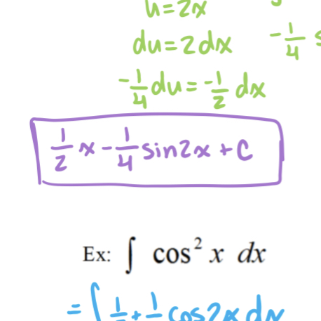 <p>½ x - ¼ sin2x + c</p>