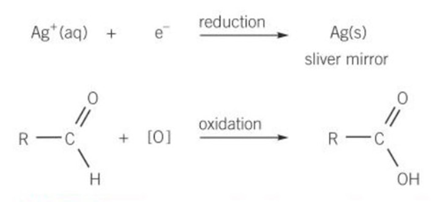 <p>Ag⁺ + e⁻ -> Ag (s)</p><p>(Electrode Potential = +0.80V - large so Ag can easily be reduced)</p>