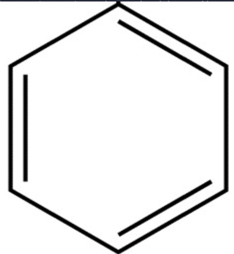<p>6 carbons in a ring, bonded together by alternating double and single bonds, each carbon has a H atom</p>