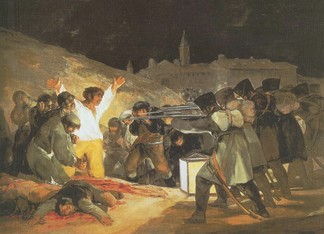 <ul><li><p>Goya</p></li><li><p>nap marching and conquered spain</p></li><li><p>shows massacre of spanish freedom fighters</p><ul><li><p>bc they tried to rebel</p></li></ul></li><li><p>propaganda against french</p></li><li><p>nap = no mercy, suffering of spanish</p></li><li><p>Goya = French &gt; before but now spanish &gt;</p><ul><li><p>painting was to “apologize”</p></li></ul></li><li><p>people not at peace with death</p></li><li><p>romantic</p></li></ul>