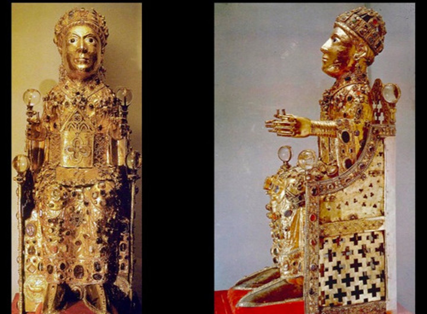 <p>a vessel for holding a sacred relic. Often reliquaries took the shape of the objects they held. Precious metals and stones were the common material</p>