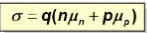 <p>Describes the relationship between resistance, current, electron charge, number of free electrons, and holes in a semiconductor.</p><p>o&nbsp;&nbsp; Q = 1.602 * 10<sup>-19 </sup>&nbsp;(c) =&nbsp; Electron charge</p><p>o&nbsp;&nbsp; N – number of free electrons (e-)</p><p>o&nbsp;&nbsp; P – number of free holes (h+)</p><p>o&nbsp;&nbsp; Mn -&nbsp; how fast the e- is moving</p><p>o&nbsp;&nbsp; Mp – how fast the h+ is moving</p>