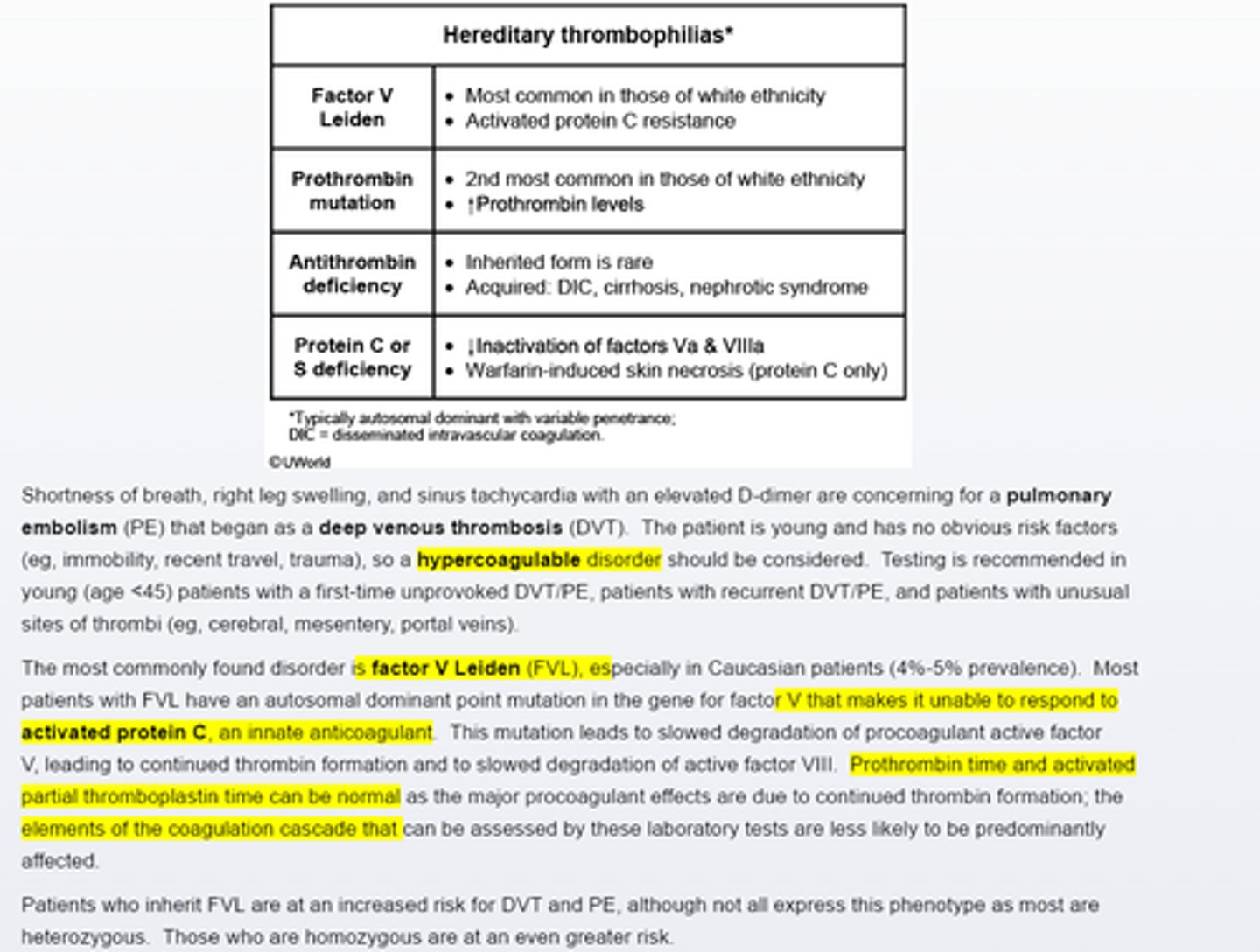 <p>Factor V leiden is the most commonly inherited hypercoagulable disorder in the caucasian population, leading to increased risk of thrombosis.</p><p>Testing should be considered for an unprovoked first time thrombus in young age<45 pts or those with an unusual site of throbus</p>