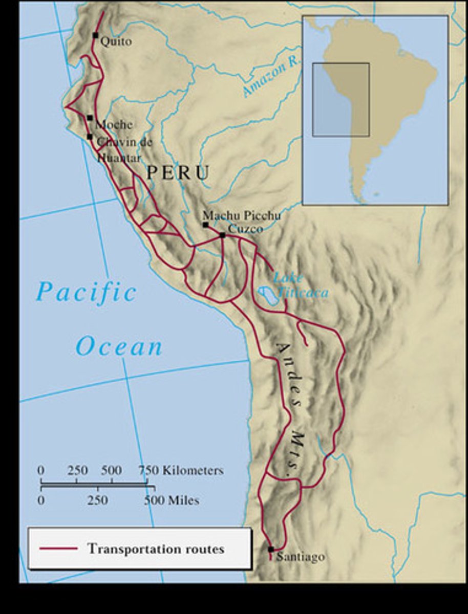 <p>all roads lead to cuzco; allowed armies and news to spread quickly, ordinary people couldn't use this; runners stationed throughout empire to carry messages</p>
