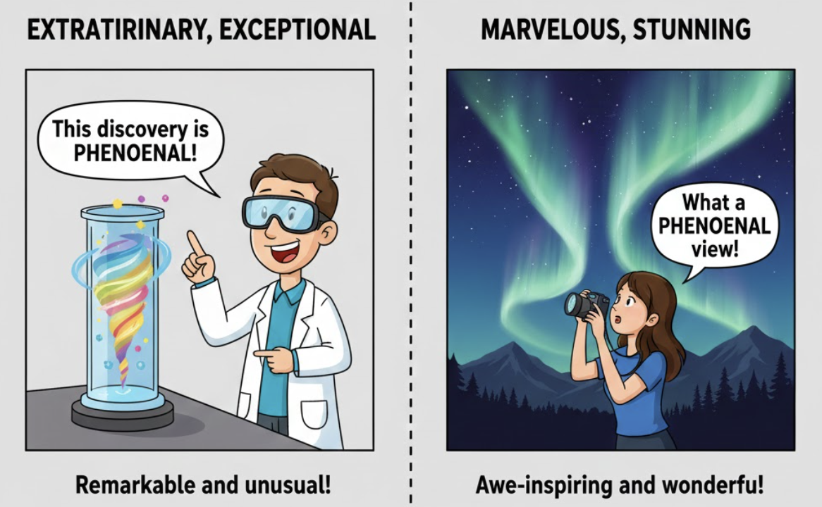 <p>Extremely successful or special, especially in a surprising way. </p><ul><li><p>(Phi thường, kỳ diệu, ấn tượng không thể tin nổi)</p></li></ul><p>(Khen ngợi)</p><p><strong>Dạng liên quan:</strong></p><ul><li><p><strong>Phenomenally</strong> (Trạng từ: Một cách phi thường)</p></li><li><p><strong>Phenomenon</strong> (Danh từ: Hiện tượng/Người phi thường)</p></li></ul><p></p>