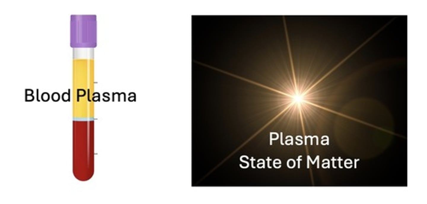 <p>Plasma (the state of matter) is found in stars, nebulas, and neon signs. Blood plasma is a liquid that is part of your blood. Don't get them confused!</p>