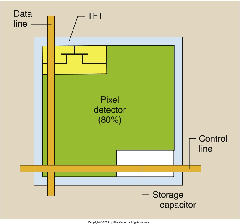 <ul><li><p>where the capture element makes up 80% of the pixel space, and the rest 20% are the capacitators and TFT where it isn’<span>t able to respond to scintillator created light</span> </p></li><li><p>MEANING, the SR increases with decreased pixel size ONLY if the TFT and Capacitator size are created smaller  </p></li></ul><p></p>