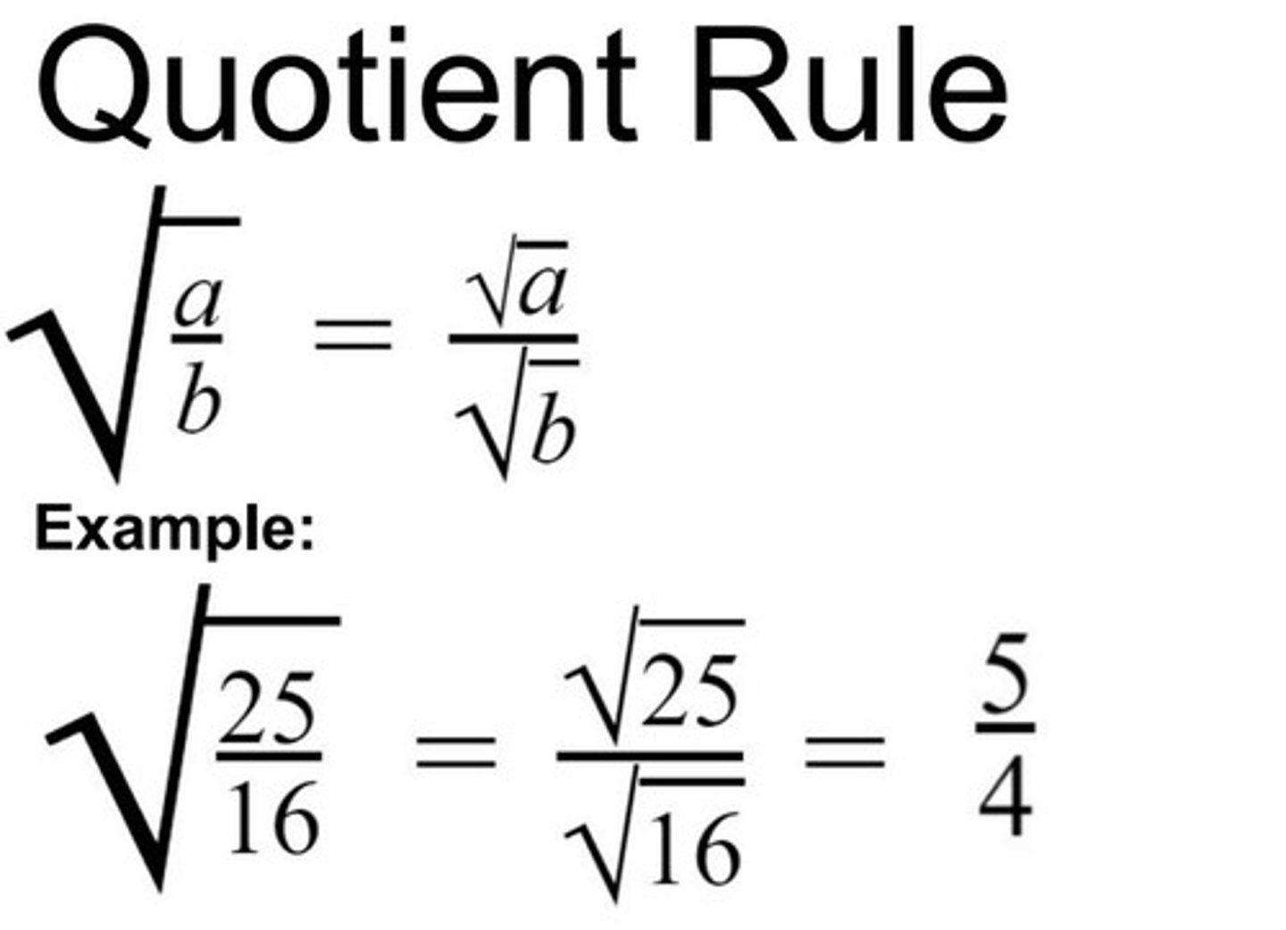 <p>When two radicals are divided that have the same index they may be combined as a single radical having that index and radicand equal to the quotient of the two radicands</p>