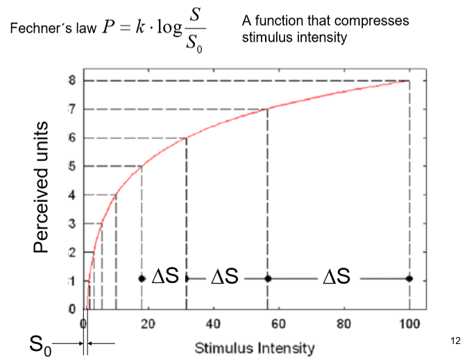 <p>if a stmulus is multiplied by a fixed factor, the corresponding perception is altered in additive constant amounts. </p>